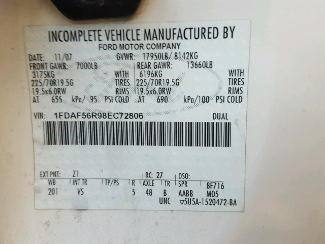 1FDAF56R98EC72806 - 2008 FORD F550 SUPER WHITE photo 10