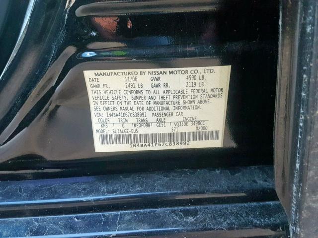 1N4BA41E67C838992 - 2007 NISSAN MAXIMA SE BLACK photo 10