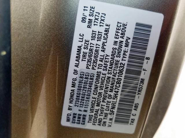 5FNRL5H47CB010632 - 2012 HONDA ODYSSEY EX BROWN photo 10