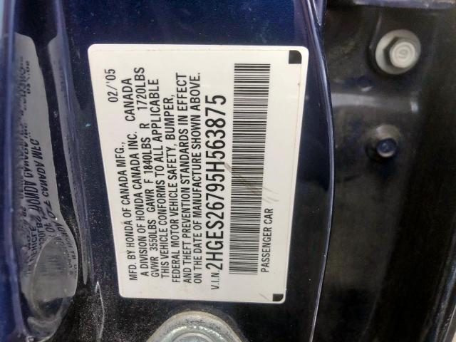 2HGES26795H563875 - 2005 HONDA CIVIC EX BLUE photo 10