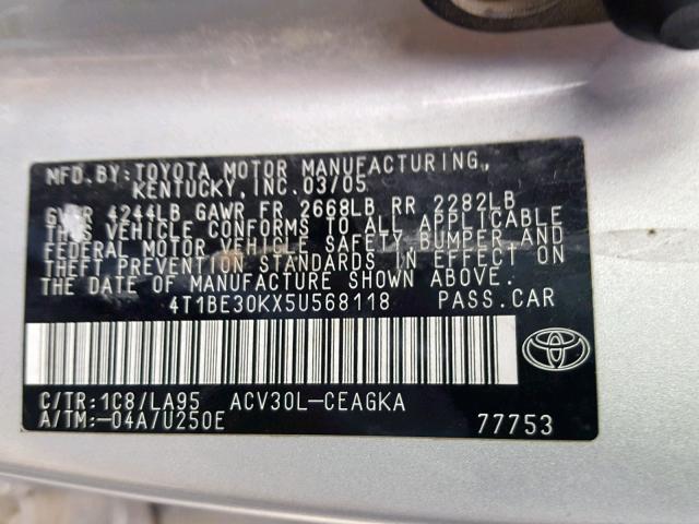 4T1BE30KX5U568118 - 2005 TOYOTA CAMRY LE SILVER photo 10