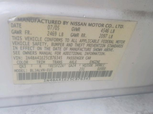 1N4BA41E25C876345 - 2005 NISSAN MAXIMA SE WHITE photo 10