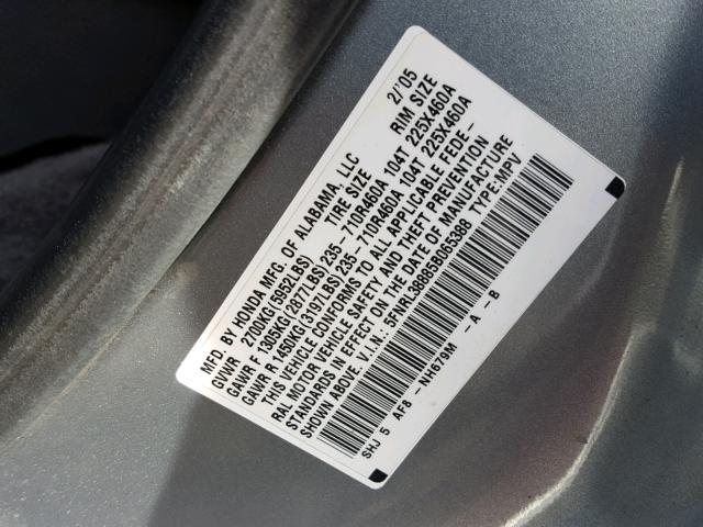 5FNRL38885B065388 - 2005 HONDA ODYSSEY TO SILVER photo 10