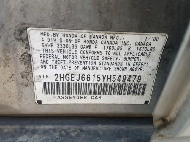 2HGEJ6615YH549479 - 2000 HONDA CIVIC BASE SILVER photo 10