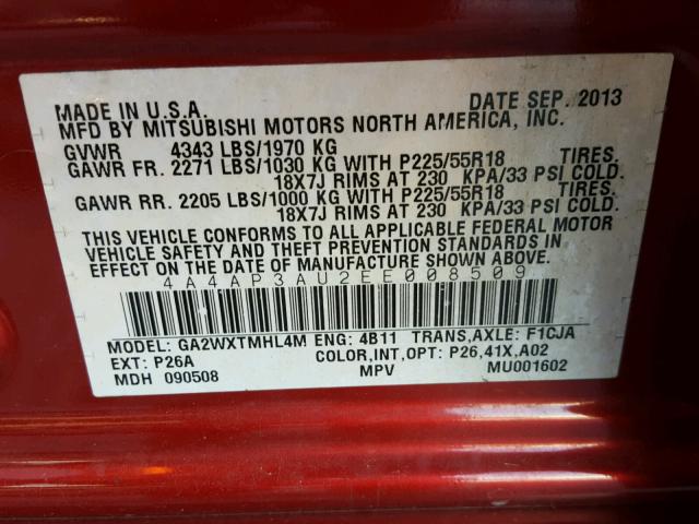 4A4AP3AU2EE008509 - 2014 MITSUBISHI OUTLANDER RED photo 10