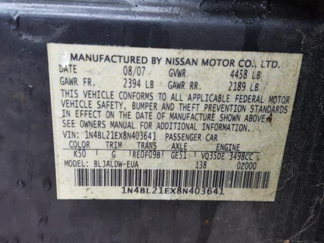 1N4BL21EX8N403641 - 2008 NISSAN ALTIMA 3.5 GRAY photo 10