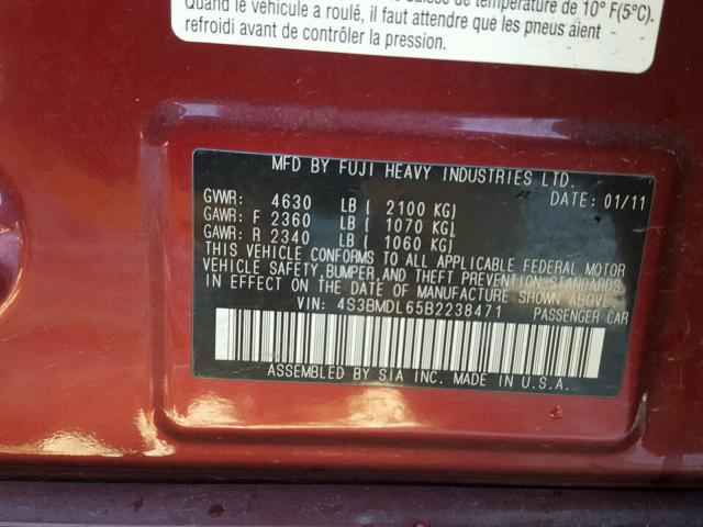 4S3BMDL65B2238471 - 2011 SUBARU LEGACY 3.6 RED photo 10