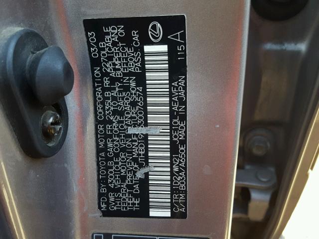 JTHBD192630076574 - 2003 LEXUS IS 300 GRAY photo 10