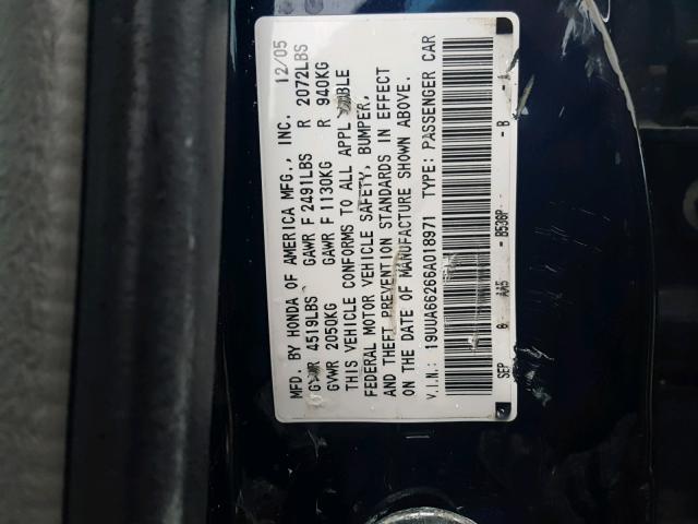 19UUA66266A018971 - 2006 ACURA 3.2TL BLUE photo 10