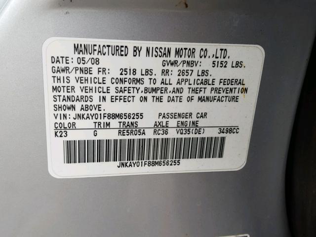 JNKAY01F88M656255 - 2008 INFINITI M35 BASE SILVER photo 10