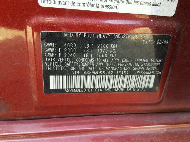 4S3BMDK62A2216461 - 2010 SUBARU LEGACY 3.6 RED photo 10