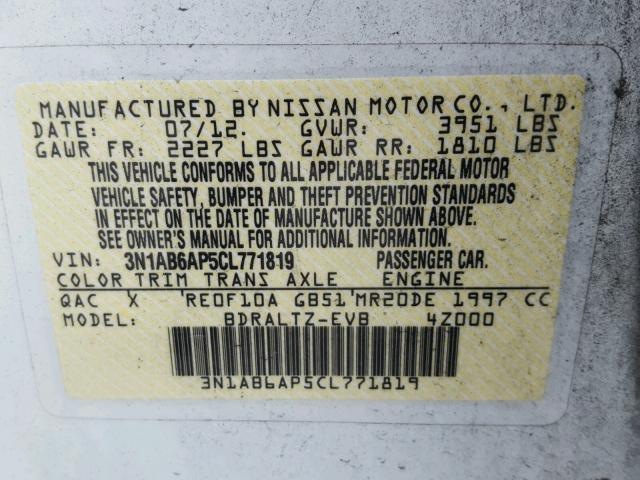 3N1AB6AP5CL771819 - 2012 NISSAN SENTRA 2.0 WHITE photo 10