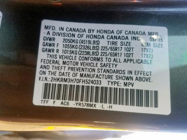 2HKRM3H70FH524033 - 2015 HONDA CR-V EXL BROWN photo 10