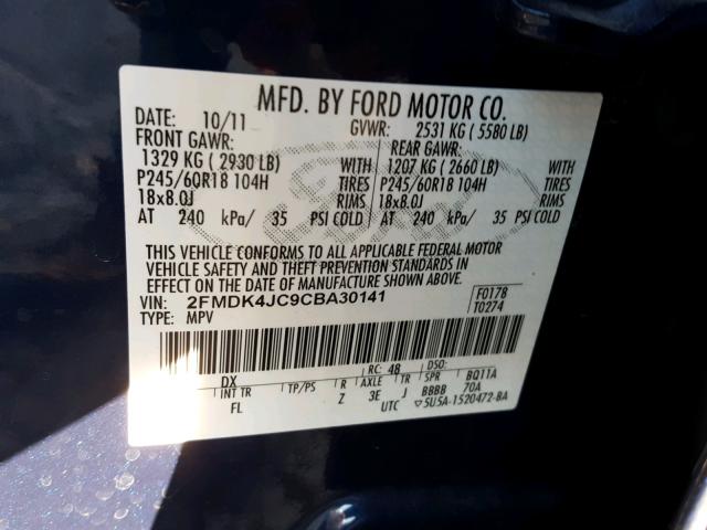 2FMDK4JC9CBA30141 - 2012 FORD EDGE SEL BLUE photo 10