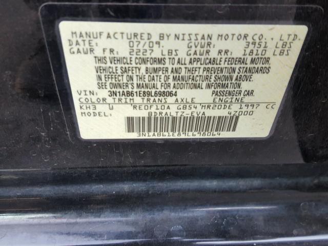 3N1AB61E89L698064 - 2009 NISSAN SENTRA 2.0 BLACK photo 10