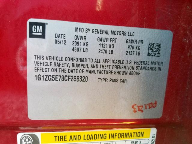 1G1ZG5E78CF358320 - 2012 CHEVROLET MALIBU LTZ წითელი ფოტო 10