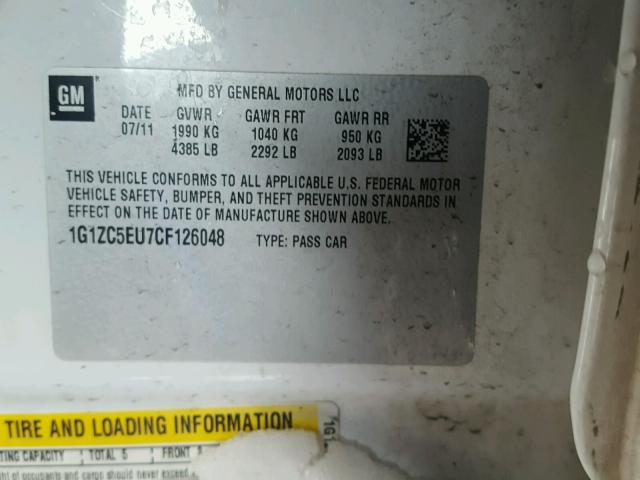 1G1ZC5EU7CF126048 - 2012 CHEVROLET MALIBU 1LT თეთრი ფოტო 10