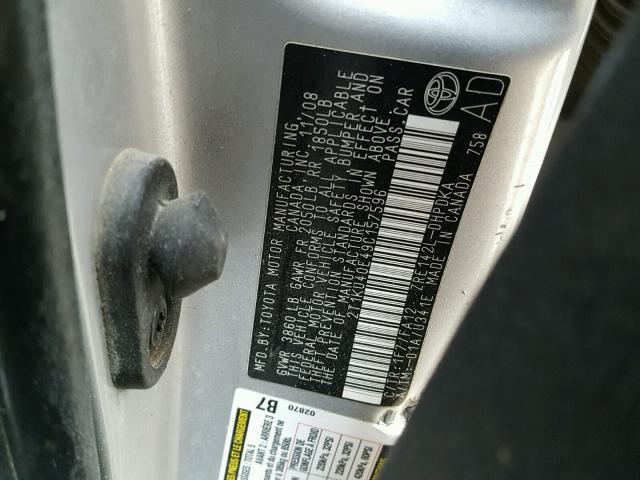 2T1KU40E49C157596 - 2009 TOYOTA COROLLA MA SILVER photo 10