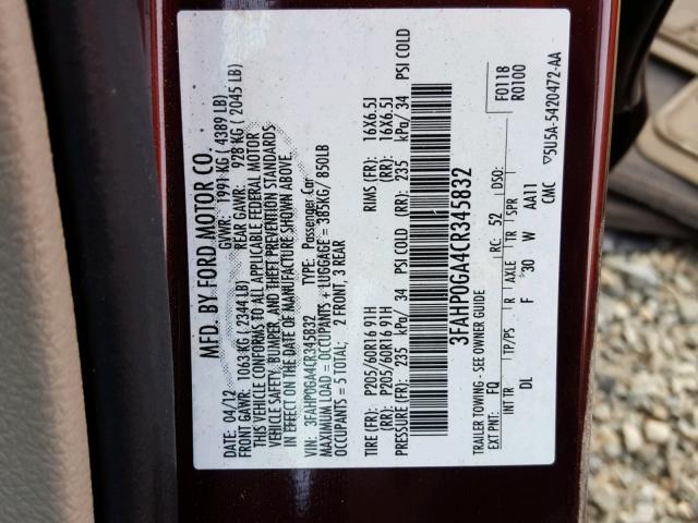 3FAHP0GA4CR345832 - 2012 FORD FUSION S BURGUNDY photo 10