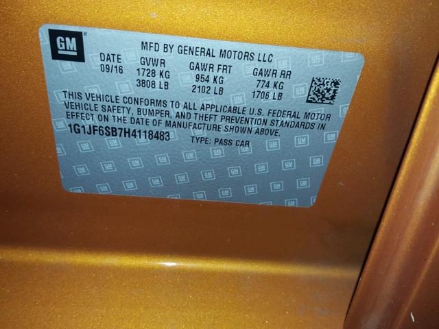 1G1JF6SB7H4118483 - 2017 CHEVROLET SONIC PREM ORANGE photo 10