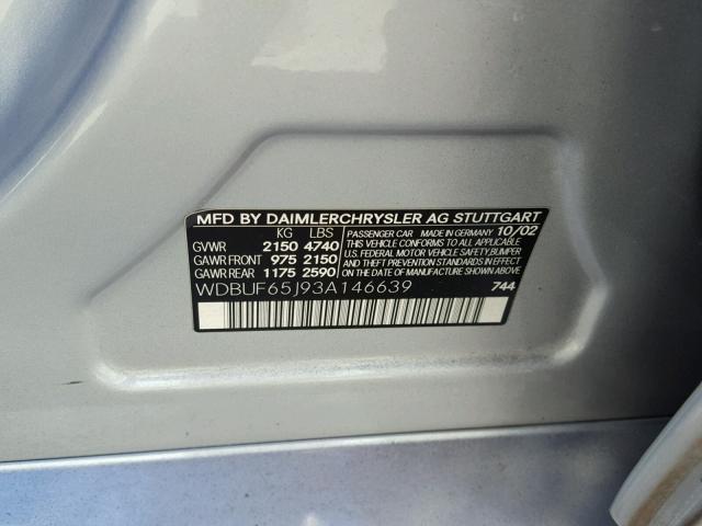 WDBUF65J93A146639 - 2003 MERCEDES-BENZ E 320 SILVER photo 10