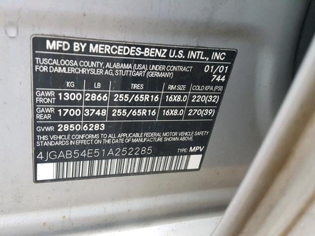 4JGAB54E51A252285 - 2001 MERCEDES-BENZ ML 320 SILVER photo 10