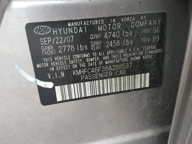 KMHFC46F38A288537 - 2008 HYUNDAI AZERA SE SILVER photo 10