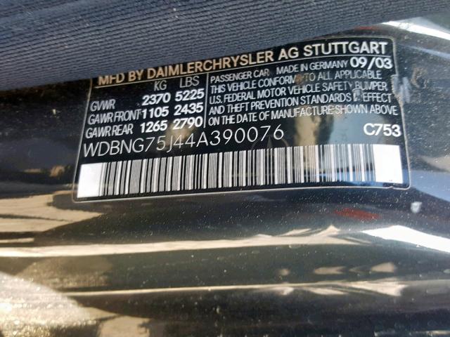 WDBNG75J44A390076 - 2004 MERCEDES-BENZ S 500 BLACK photo 10