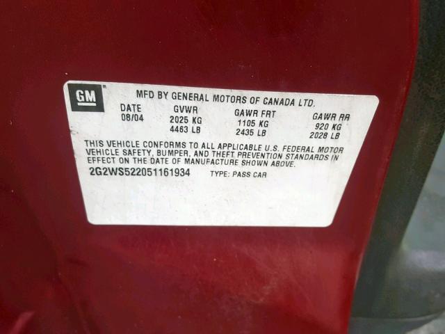 2G2WS522051161934 - 2005 PONTIAC GRAND PRIX Կարմիր լուսանկար 10