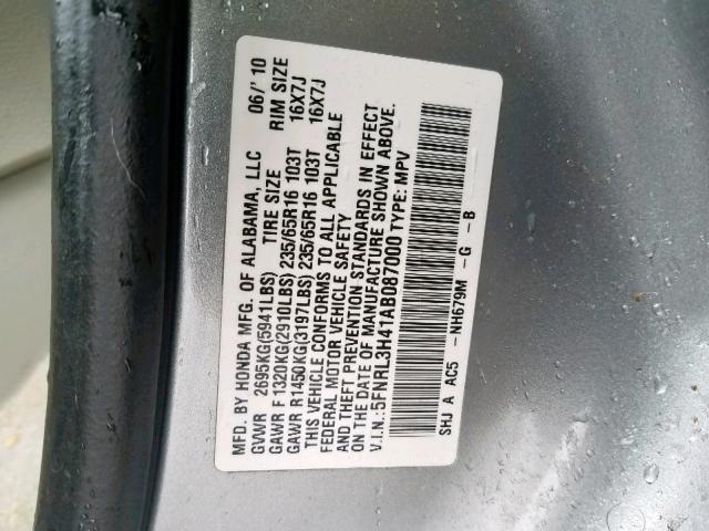 5FNRL3H41AB087000 - 2010 HONDA ODYSSEY EX SILVER photo 10