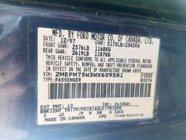 2MEFM75W3WX609581 - 1998 MERCURY GRAND MARQ BLUE photo 10