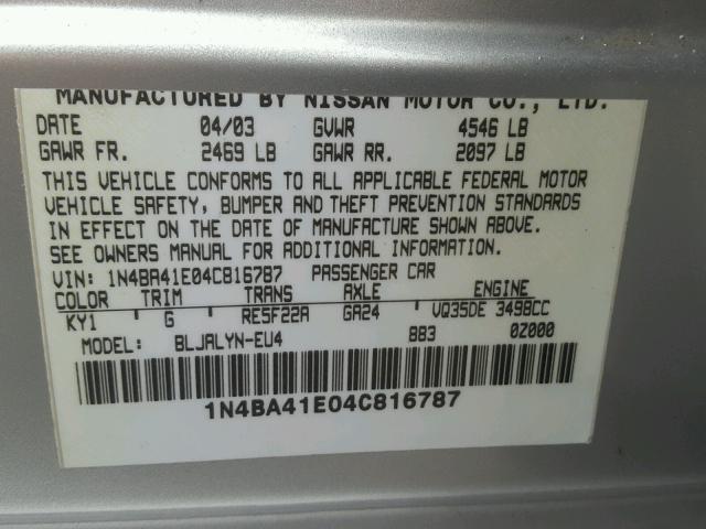 1N4BA41E04C816787 - 2004 NISSAN MAXIMA SE SILVER photo 11