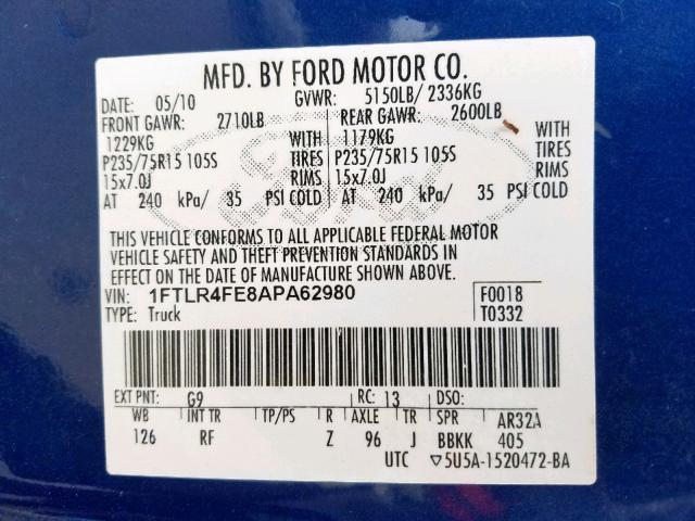 1FTLR4FE8APA62980 - 2010 FORD RANGER SUP BLUE photo 10