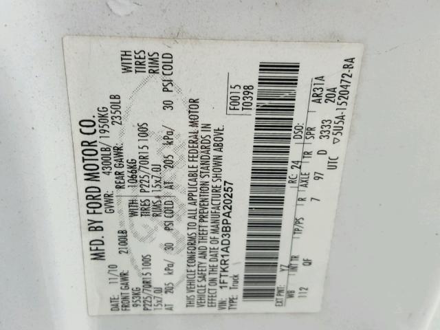 1FTKR1AD3BPA20257 - 2011 FORD RANGER WHITE photo 10