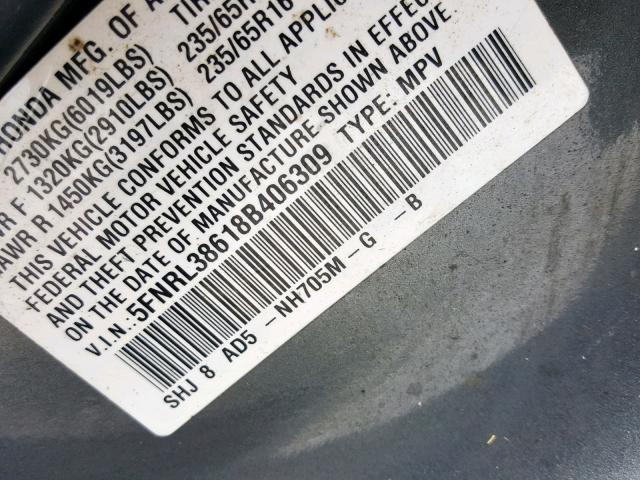 5FNRL38618B406309 - 2008 HONDA ODYSSEY EX GRAY photo 10