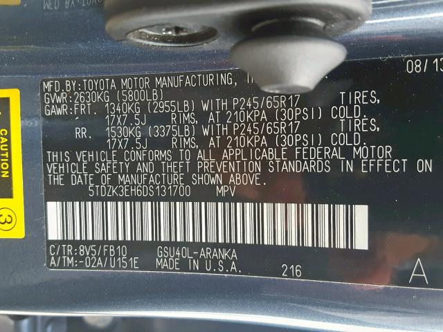 5TDZK3EH6DS131700 - 2013 TOYOTA HIGHLANDER BLUE photo 10