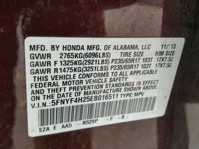 5FNYF4H25EB016511 - 2014 HONDA PILOT LX MAROON photo 10