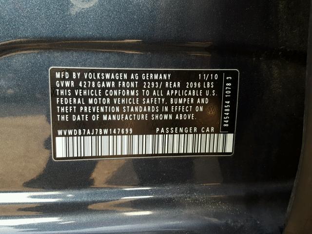 WVWDB7AJ7BW147699 - 2011 VOLKSWAGEN GOLF GRAY photo 10