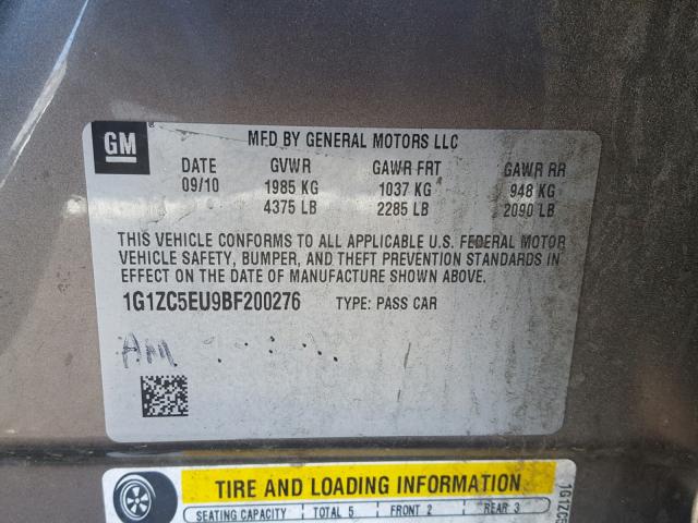 1G1ZC5EU9BF200276 - 2011 CHEVROLET MALIBU 1LT ვერცხლისფერი ფოტო 10