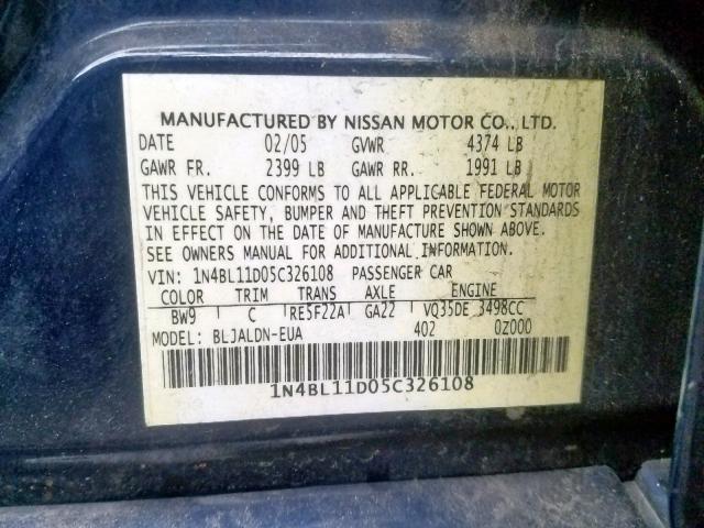 1N4BL11D05C326108 - 2005 NISSAN ALTIMA SE BLUE photo 10