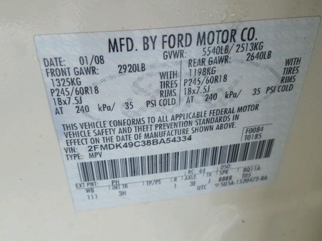 2FMDK49C38BA54334 - 2008 FORD EDGE LIMIT WHITE photo 10