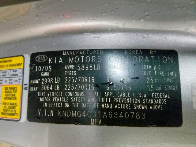 KNDMG4C31A6340783 - 2010 KIA SEDONA LX SILVER photo 10