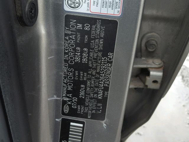 KNAFU4A26A5292115 - 2010 KIA FORTE EX GRAY photo 10