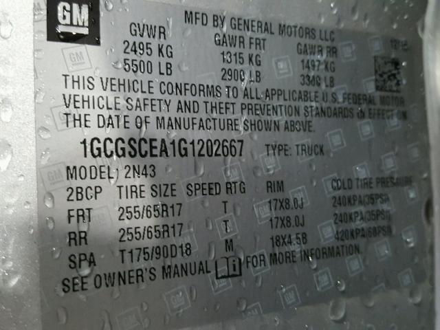 1GCGSCEA1G1202667 - 2016 CHEVROLET COLORADO L SILVER photo 10