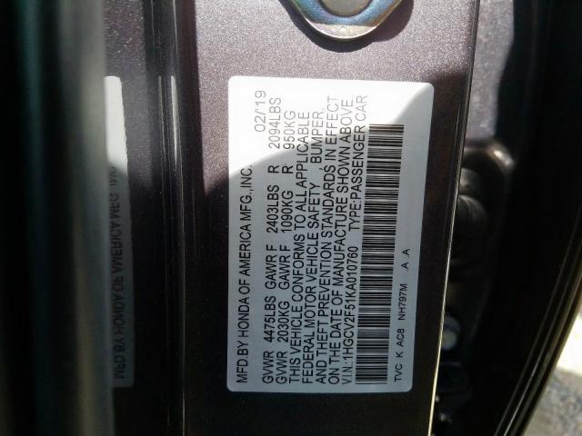 1HGCV2F51KA010760 - 2019 HONDA ACCORD EXL GRAY photo 10