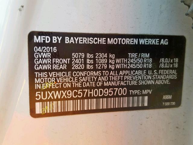 5UXWX9C57H0D95700 - 2017 BMW X3 XDRIVE2 WHITE photo 10