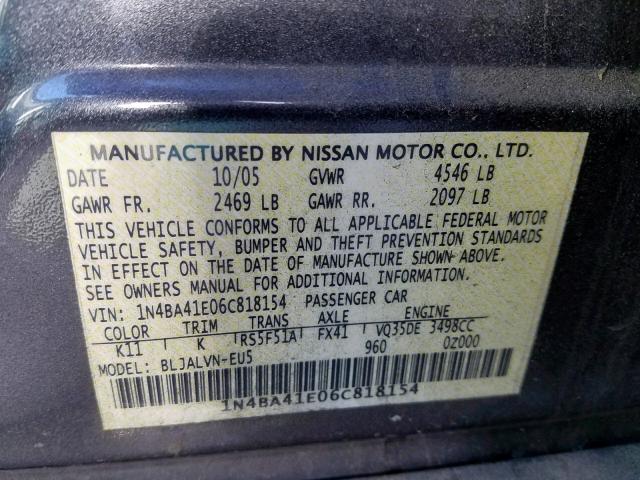 1N4BA41E06C818154 - 2006 NISSAN MAXIMA SE CHARCOAL photo 10