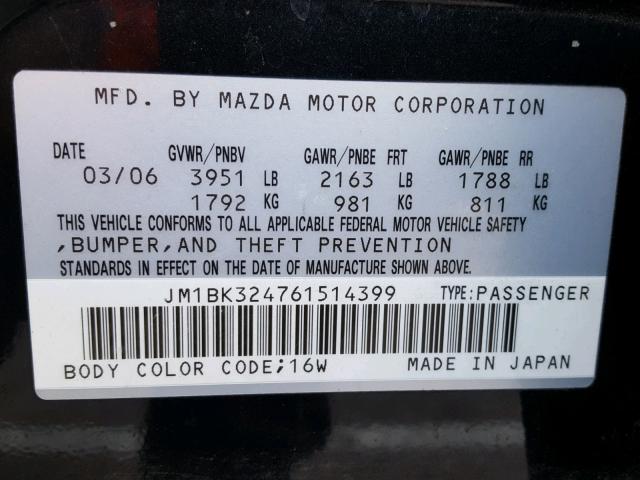 JM1BK324761514399 - 2006 MAZDA 3 S BLACK photo 10