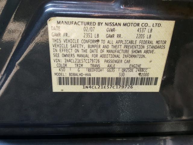 1N4CL21E57C179726 - 2007 NISSAN ALTIMA HYB GRAY photo 10