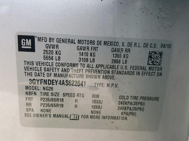 3GYFNDEY4AS622641 - 2010 CADILLAC SRX LUXURY SILVER photo 10